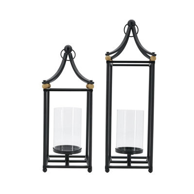 Set of 2 Modern Black Arched Iron Lanterns with Glass Hurricane and Wood Accents for Living Room Floor Decor