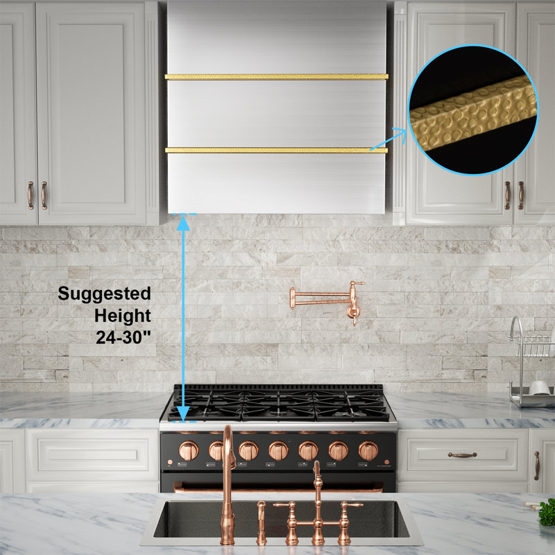 Akicon 30" Stainless Steel 600 CFM Ducted (Vented) Wall Mounted Required Range Hood, Silver/Gold