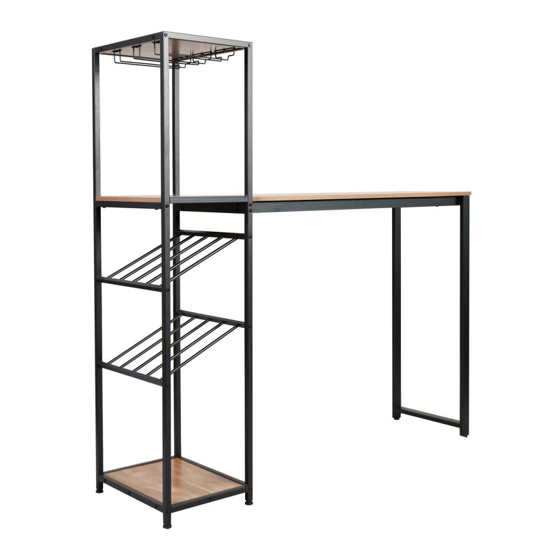 Table de bar moderne en métal avec rangement pour bouteilles et verres à pied Quintavia, Noir / brun