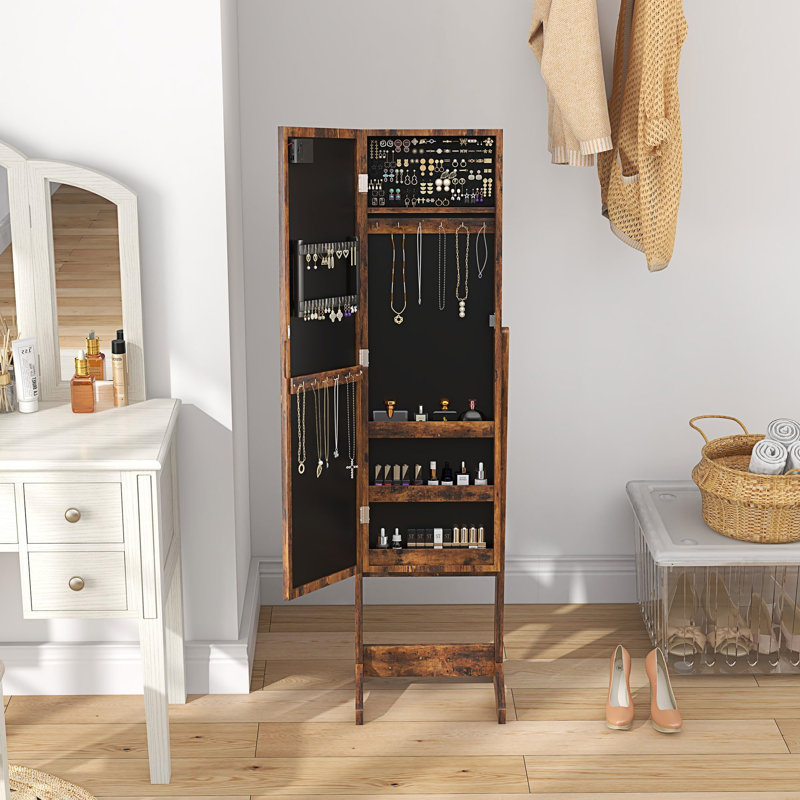Freestanding Mirror Jewelry Cabinet With LED Lights, Jewellery Organiser With 3 Angle Adjustable, Full-Length Mirror With Storage For Earrings, Necklaces, Rings And Lipsticks