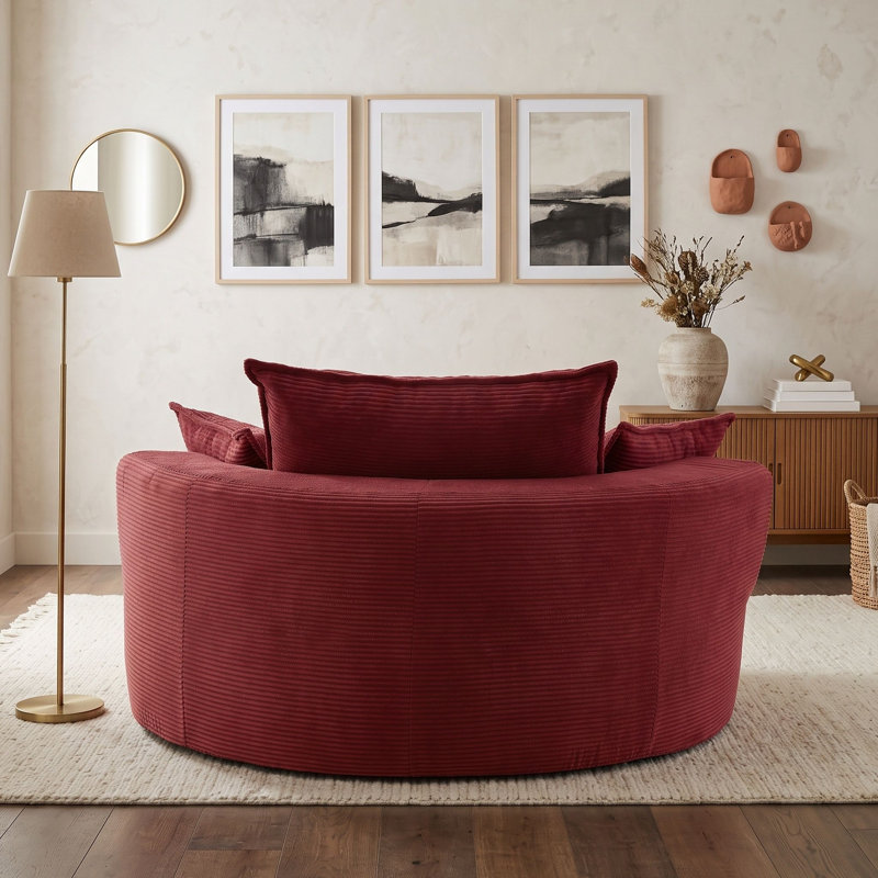Fauteuil pivotant rond en forme de baril avec coussin et oreillers de soutien amovibles, Rouge