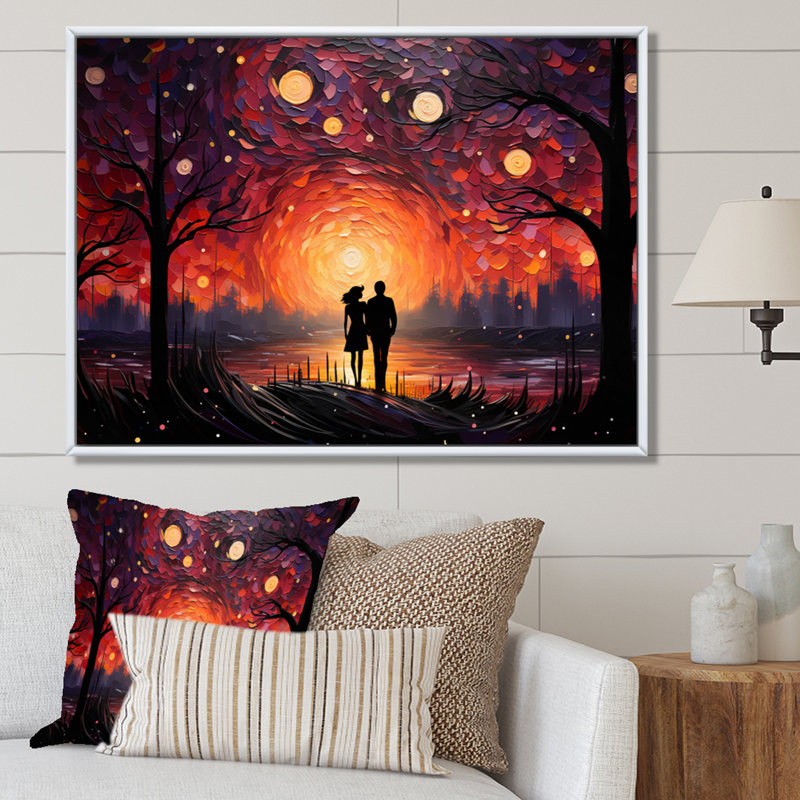Abstrait couple romantique pointilisme paysage, Cadre flottant blanc, H 24 po x l 32 po x P 1 po