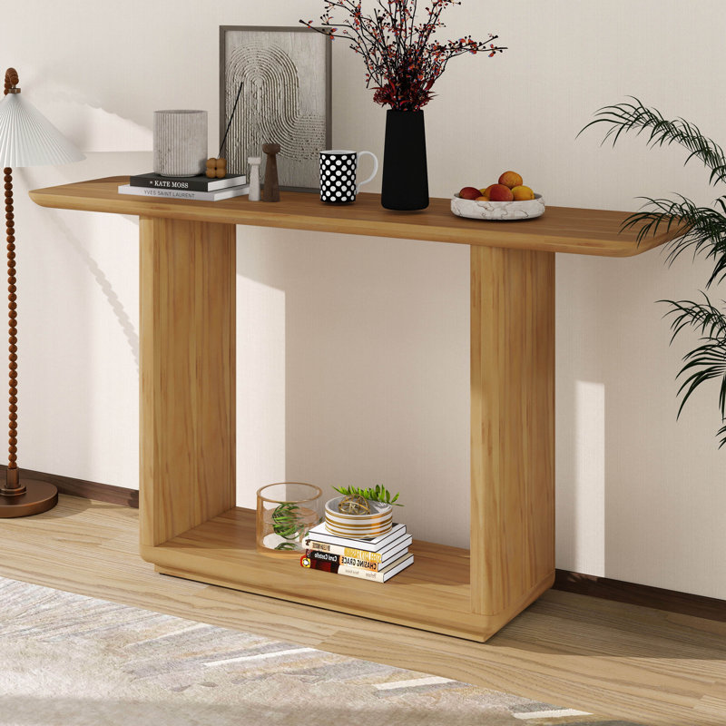 Console en bois, base en forme de U, style calme et minimaliste, console étroite et longue, Brun