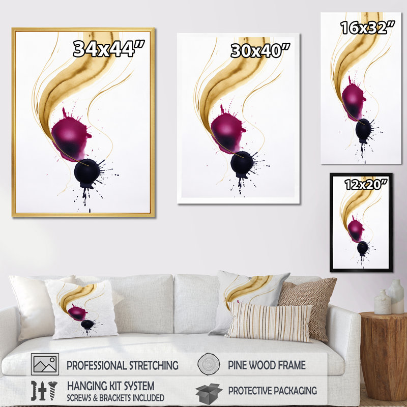 Encre magenta exquise, nuages d'encre I - peinture murale abstraite, H 40 po x l 30 po x P 1,5 po, Cadre simple blanc