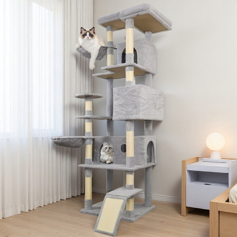 Tour pour arbre à chat 84,6 po gris clair avec base large, 3 grands condos à reliure, 11 poteaux à griffer en sisal, échelle à gratter en sisal, 2 hamacs, grande plateforme supérieure, beaucoup de perchoirs et jouet interactif