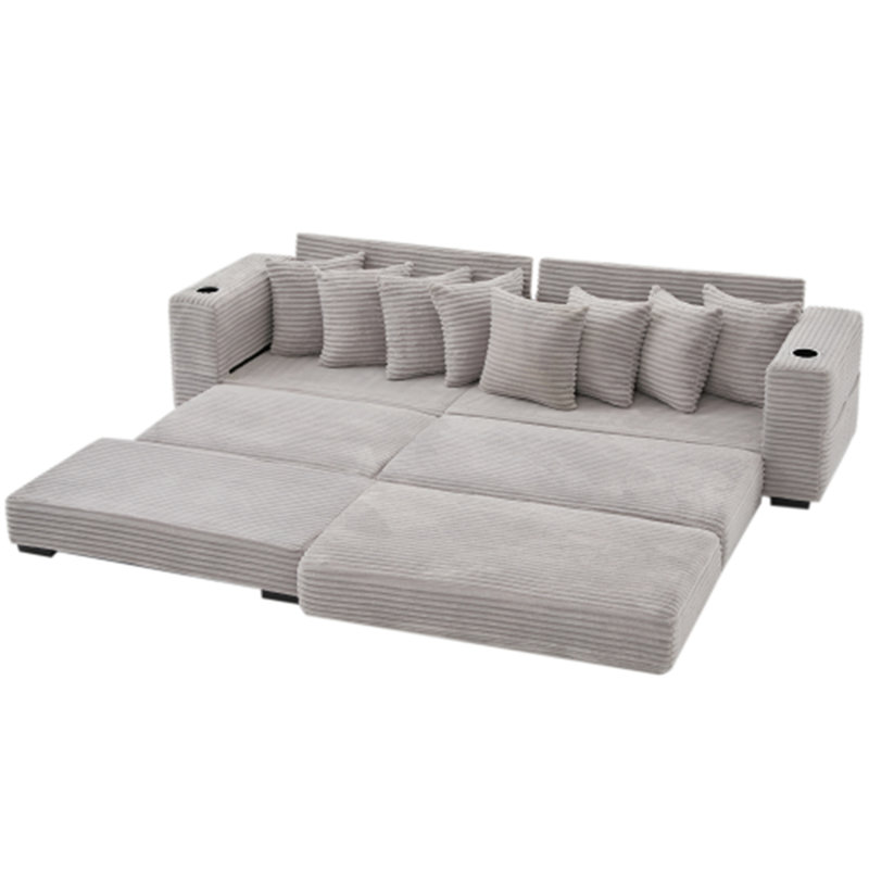 Canapé modulaire en L Corduroy avec repose-pieds mobile, porte-gobelets et 8 coussins décoratifs en forme de L, Gris clair
