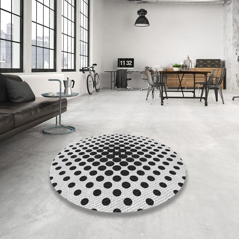 Tapis blanc/noir zone à motif, Rond 4 pi