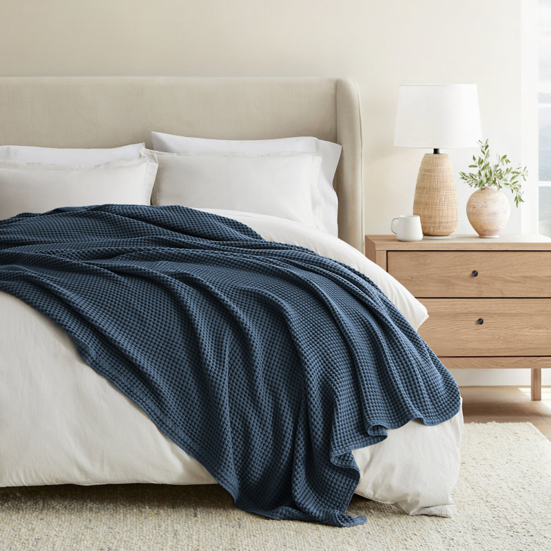 Couverture de lit 100% coton Waffle Weave, Marine, Très grand lit