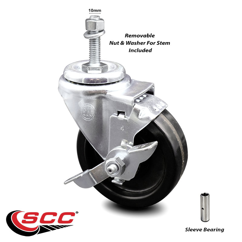 Roulettes pivotantes à tige filetée cylindrique en acier inoxydable 4 pouces 4 pouces avec frein SCC