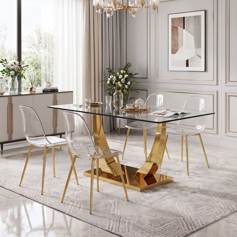 63" Dining Table Set for 4-6, Rectangular Tempered Glass Dining Table with Metal Base and Clear Moulded Plastic Chairs, Gold