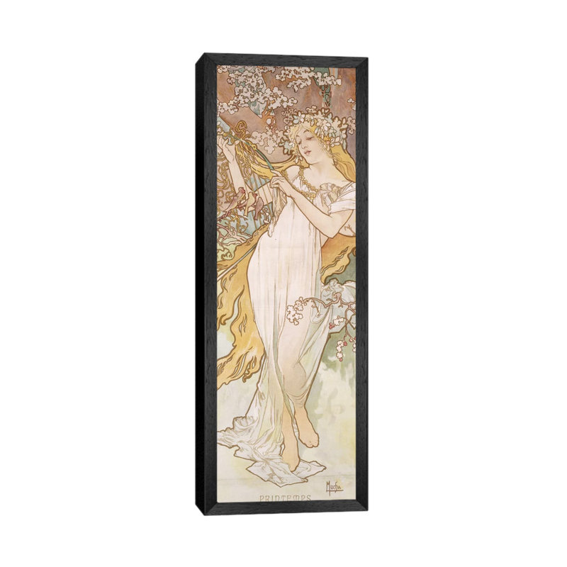 Spring (Printemps), C.1896 by Alphonse Mucha - Floater Frame Panoramic Painting on Canvas, Black Framed