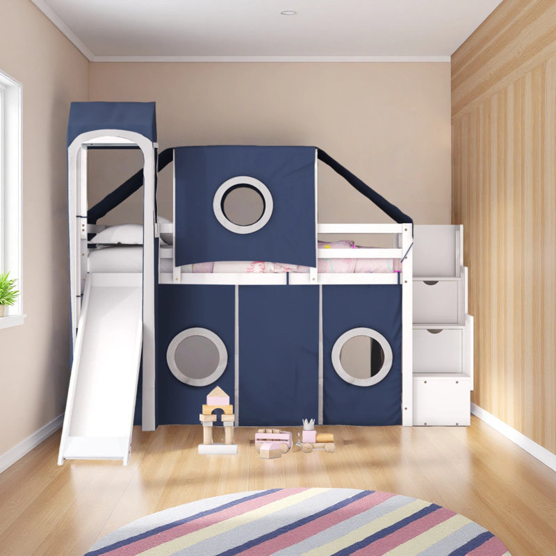 Lit mezzanine avec tente et tour, Bleu, Lit simple