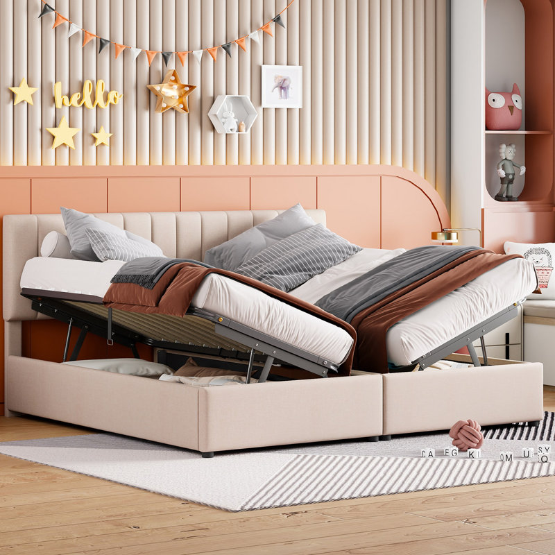 Lit plateforme tapissier avec système de rangement hydraulique, Beige, Très grand lit