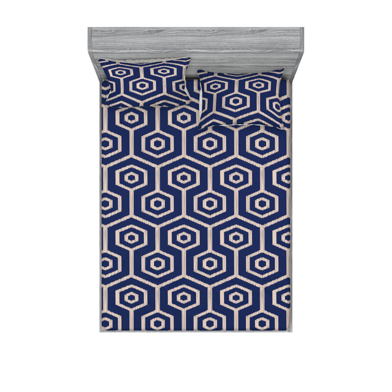 Ambesonne Fitted Sheet & Shams, King Sheet Set with 2 Pillowcases, Navy Blue/Eggshell Ikat