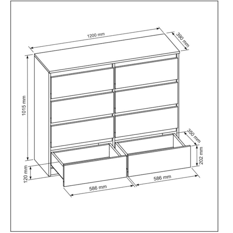 Helen 120cm W 8 - Drawer Chest of Drawers, White Gloss