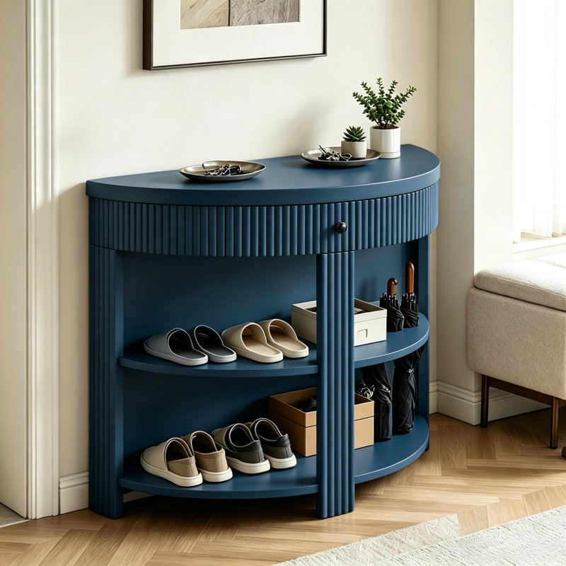 Console élégante en demi-lune avec tiroir et 2 étagères pour l'entrée, le couloir et le salon, Marine
