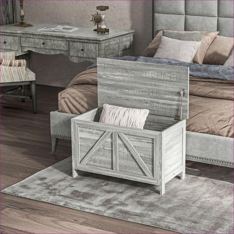 Storage Chests | 30" Lift Top Storage Chest with Safety Hinge, Slate Gray Wood Grain, Farmhouse Style | Particle Board | Bedroom