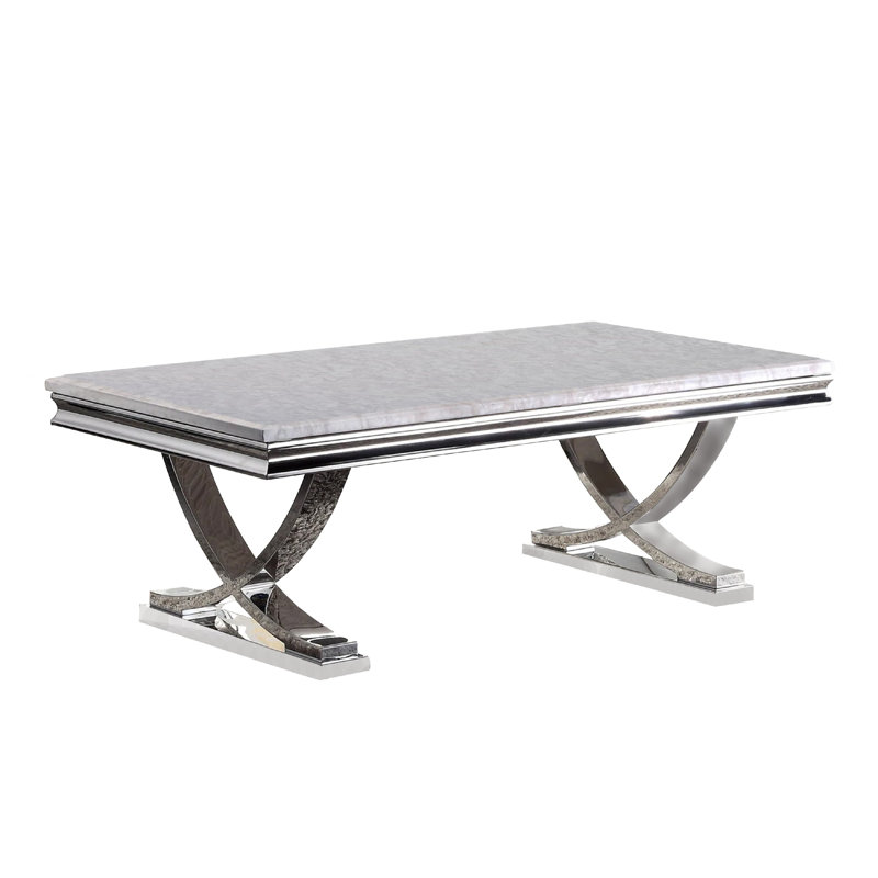 Table basse Wety, plateau en faux marbre, base piédestal chromée, 51 po