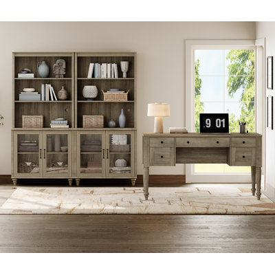 2 - Piece Office Set, 56" Executive Desk & Set Of 2 Bookcases With Glass Doors, Wash Grey