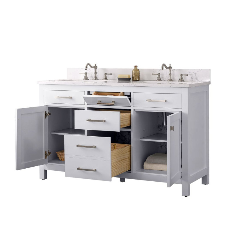 Ajhane 54" W Double Vanity with Engineered Stone Top and Soft-Close Doors, White/Brushed Nickel