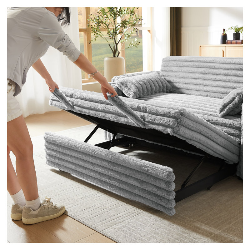 Canapé-lit convertible en velours côtelé gris clair avec lit escamotable, accoudoirs de rangement et ports de chargement USB - 3 positions réglables
