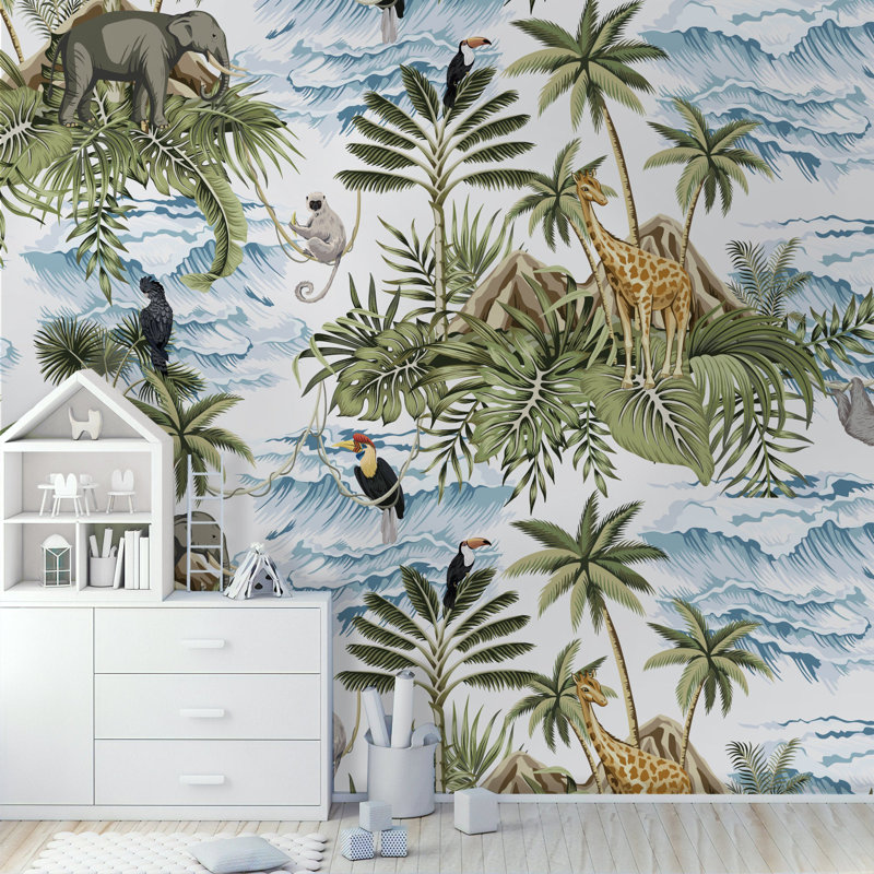 Papier peint amovible pour enfants, forêt tropicale tropicale et animaux, L 75 po x l 112 po