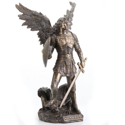 12.8 in H St. Michael Standing on Demon with Sword and Shield Figurine Poly Resin