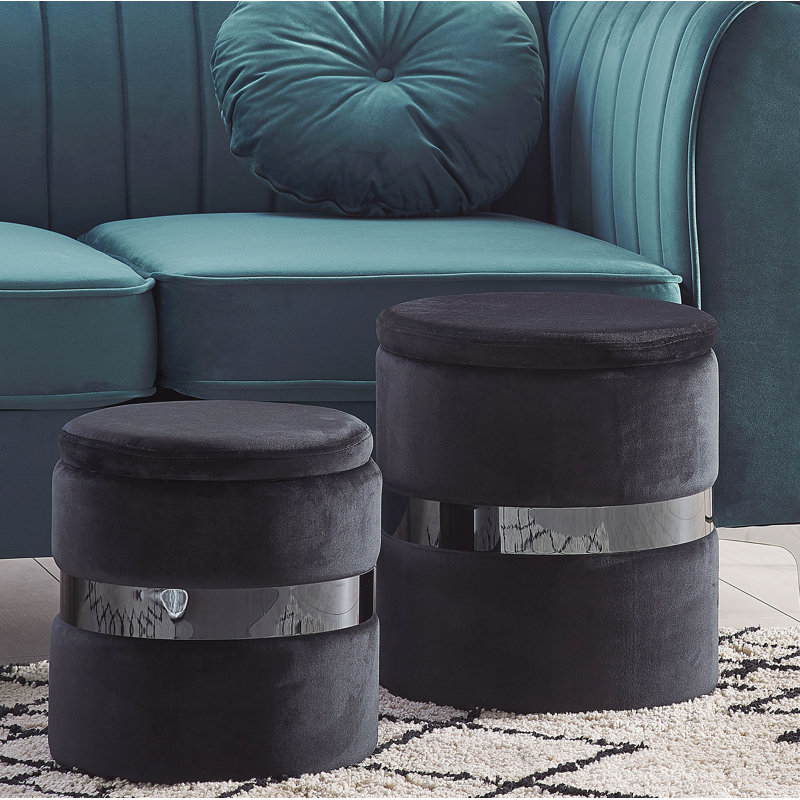 Crooke 35cm Wide Velvet Round Solid Colour Ottoman with Storage, Black