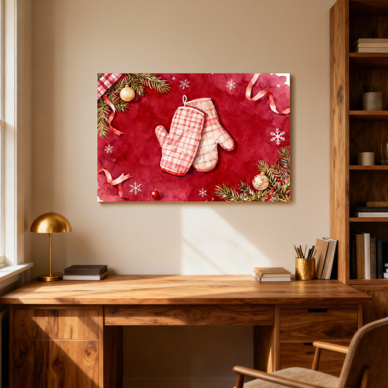 Noël, mitaines de Noël, carreaux, fond rouge, flocons de neige, branches de pin, rubans, H 16 po x l 24 po