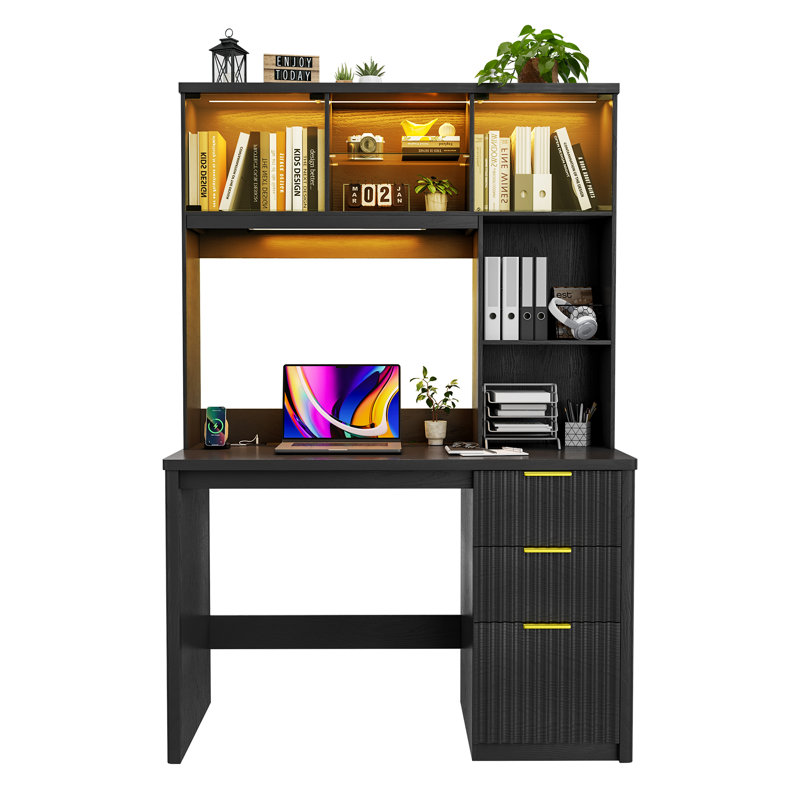 Modern Computer Desk With Pull-out Desk Lamp And Smart Led Lighting, Black