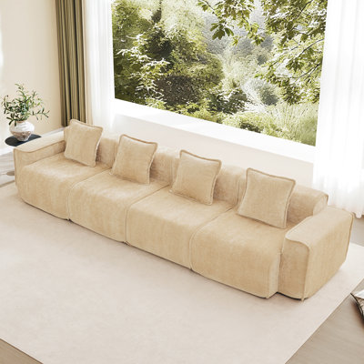 Canapé modulaire à 4 places avec passepoil à bordure française, sans assemblage requis, canapé modulaire moderne à 4 places avec coussins décoratifs, tissu velours clair chameau