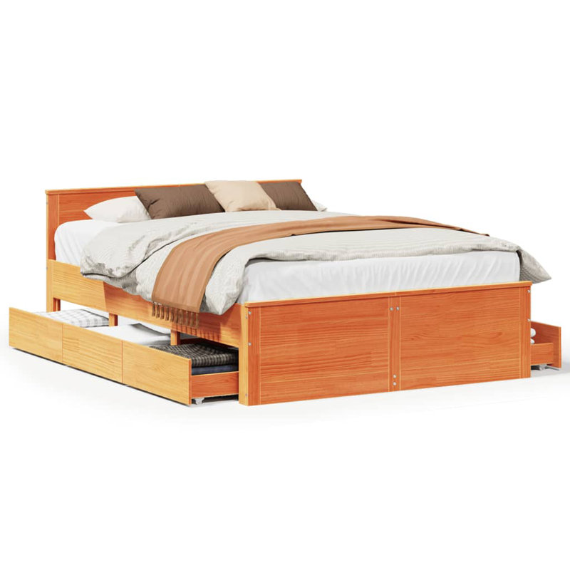 Heinle Solid Wood Storage Bed, European Double (140 x 200cm), Wax Brown