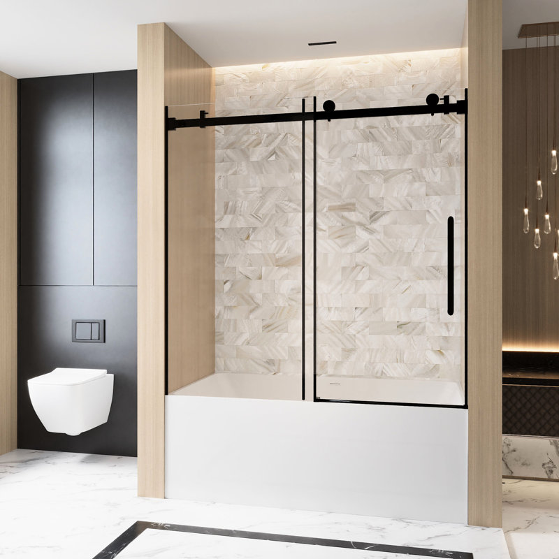 Matte Black Single Sliding Shower Door, 56 - 60 "w X 60" H, 6mm Clear Tempered Glass, Proof Film, Stainless Steel Handle, Square Tube Track, American Bathroom Design, Large Wheels For Smooth And