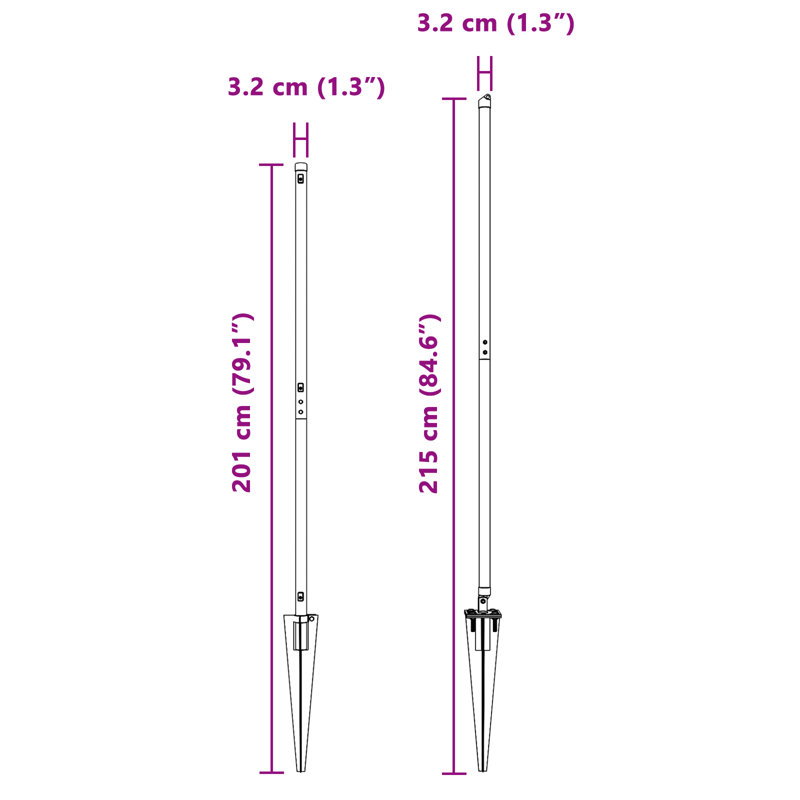 Vidaxl Fence Posts With Spike 26 Pcs Diameter32 Mm Galvanised Steel, 170cm H x 3.2cm W, Grey
