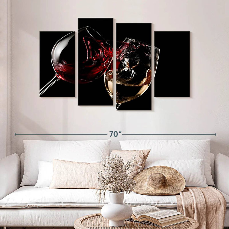 Ensemble de verres à vin rouges et blancs sur toile 4 pièces, H 32 po x l 52 po x P 1,25 po