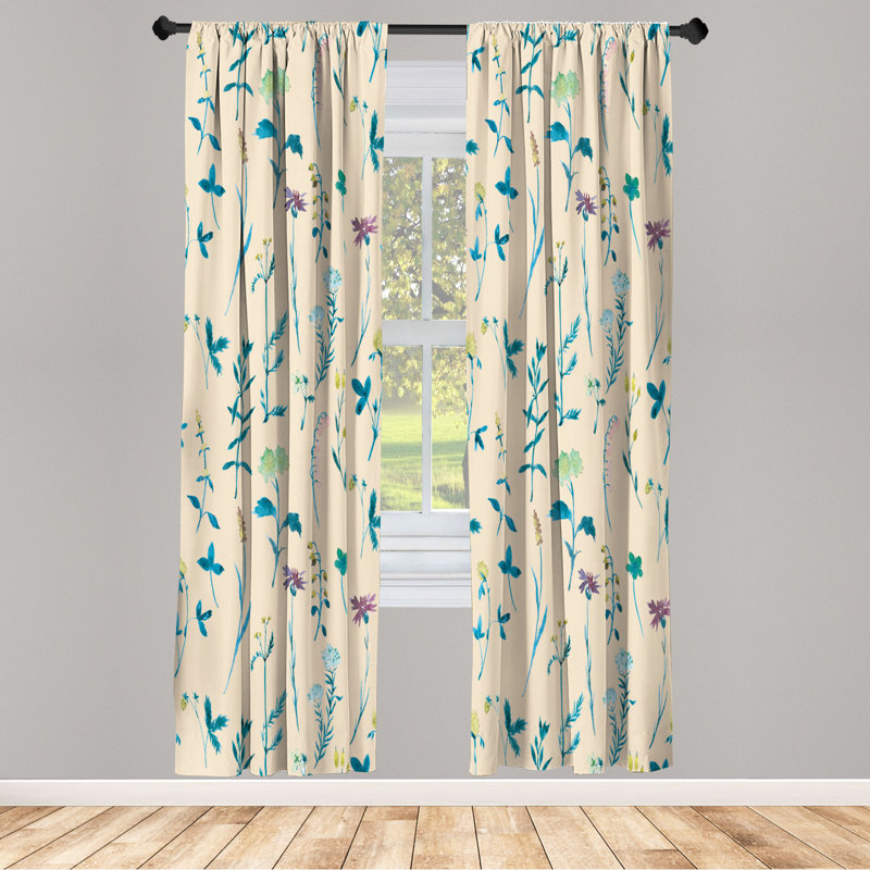Microfiber Floral Semi-Sheer Rod Pocket Curtain Panels, 28" W x 84" L, Beige/Teal