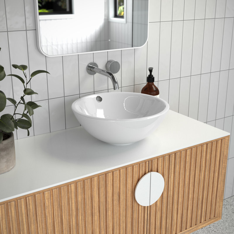 Ceramic Circular Vessel Bathroom Sink with Overflow, Gloss White