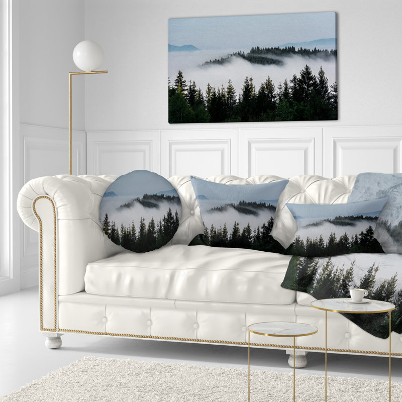 Coussin Dark Trees and Fog Over Mountains