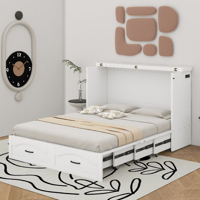 Lit escamotable double pleine grandeur avec tiroir et ensemble de prises et ports USB, Blanc