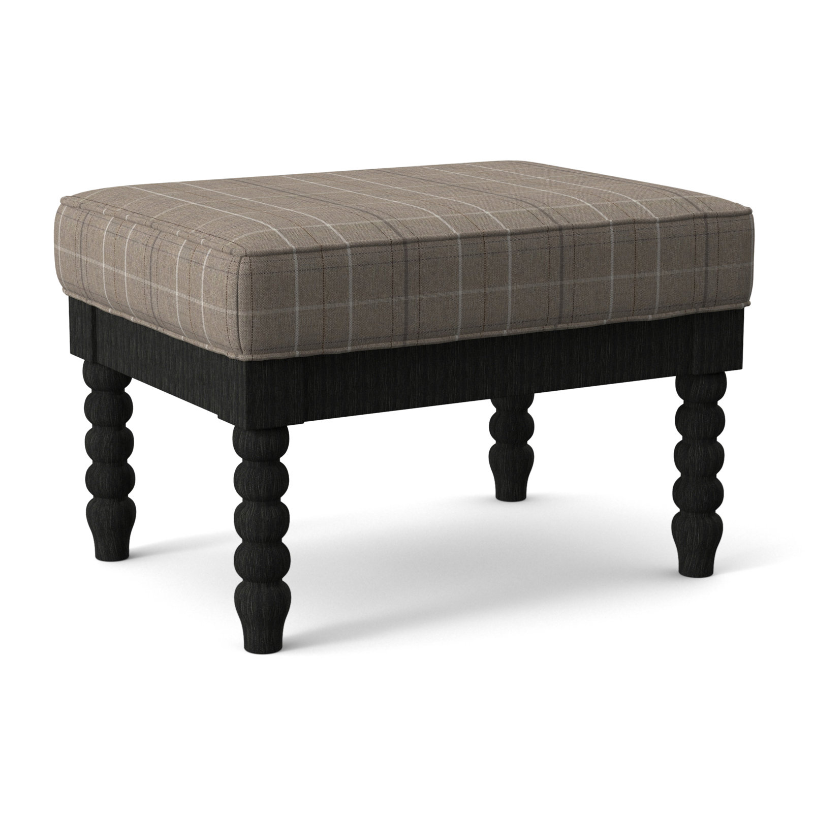 Louisa Upholstered Ottoman, Antique Black Finish, Taupe Plaid