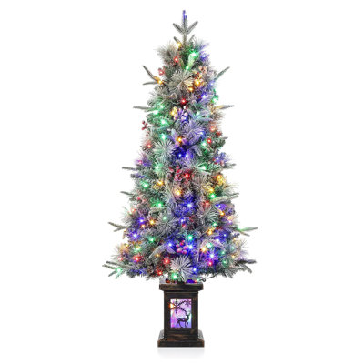 Arbre de Noël artificiel enneigé 4,5 pi avec 4,5 lumières DEL blanc chaud 8 pi, mini sapin de Noël pré-éclairé pour décoration de Noël, cour, maison, bureau, extérieur, intérieur, base noire - 1 PC