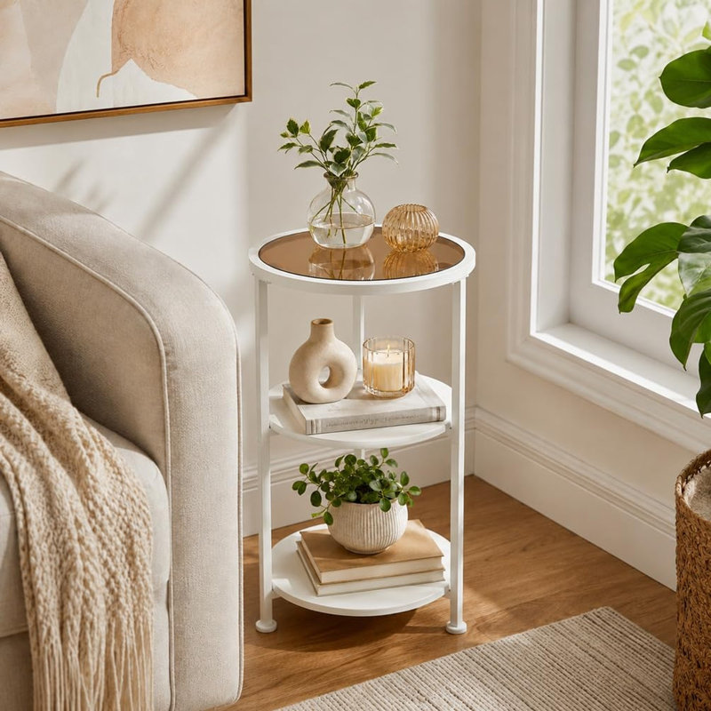 Table d'appoint ronde à 3 niveaux avec plateau en verre trempé, White
