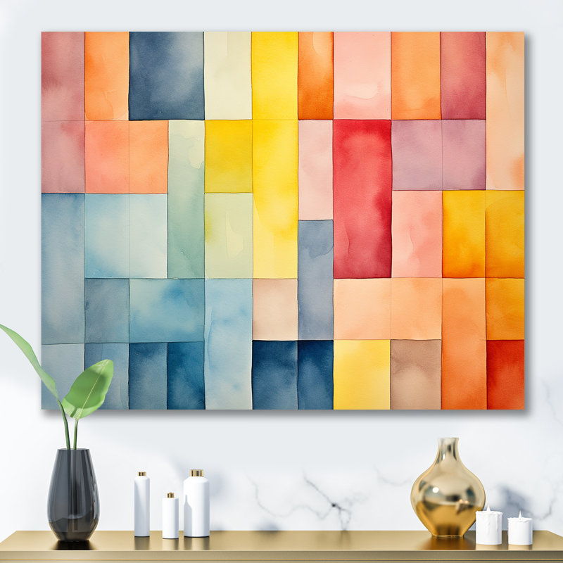 Mid-Century Pastel Color Cubes II - géométrique, art mural, Toile tendue, H 12 po x l 20 po x P 1 po