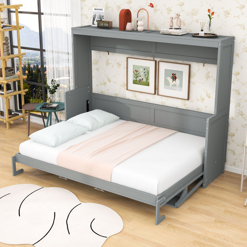 Lit escamotable en bois avec bureau pliant et rangement intégré pour les petits espaces, Grand lit, Gris