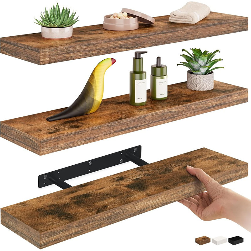 Ensemble de 3 étagères murales flottantes rustiques brunes avec supports invisibles, étagères en bois pour exposer et ranger vos objets de décoration intérieure.