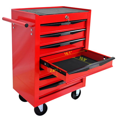 7 - Drawer Workshop Tool Cabinet In Red&Black, Powder Coated Steel, Bearing Slides, 4 Universal Wheels 2 With Brake , Key Lock Protection Cabinet, Finish, Wheels, Locked Storage Solution