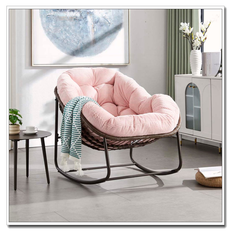 Chaise berçante surdimensionnée en rotin tissé à la main avec coussin rembourré, Rose