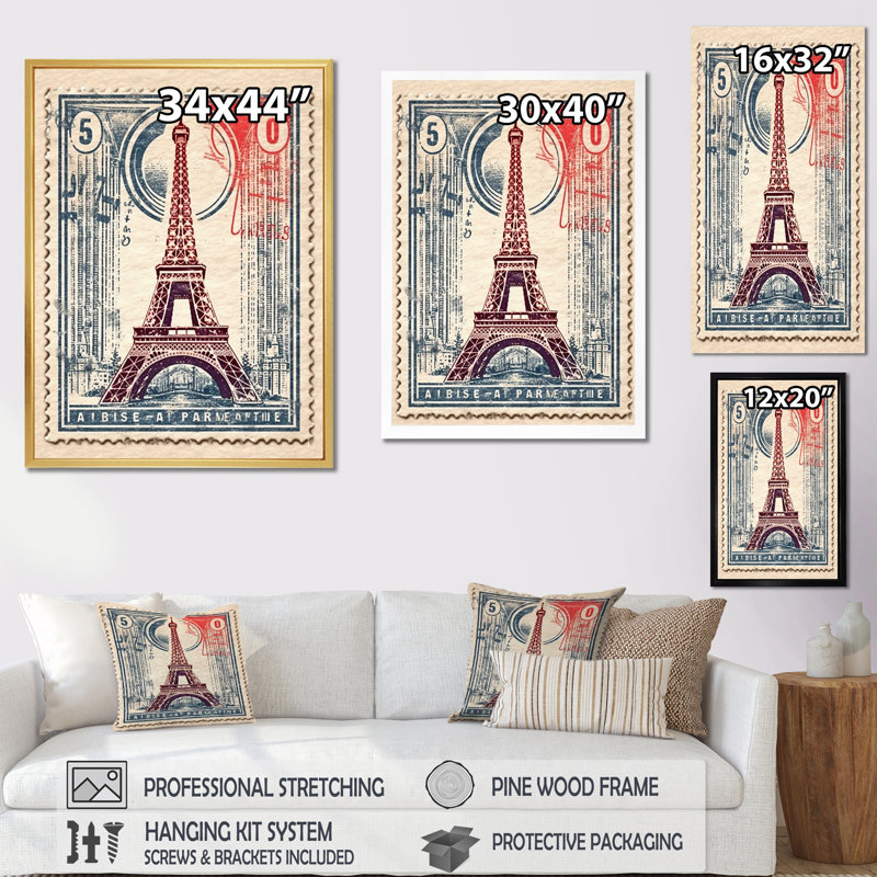 «Retro Stamp Illustration Paris Eiffel Tower I», reproduction sur toile, Cadre simple noir, H 32 po x l 24 po x P 1 po