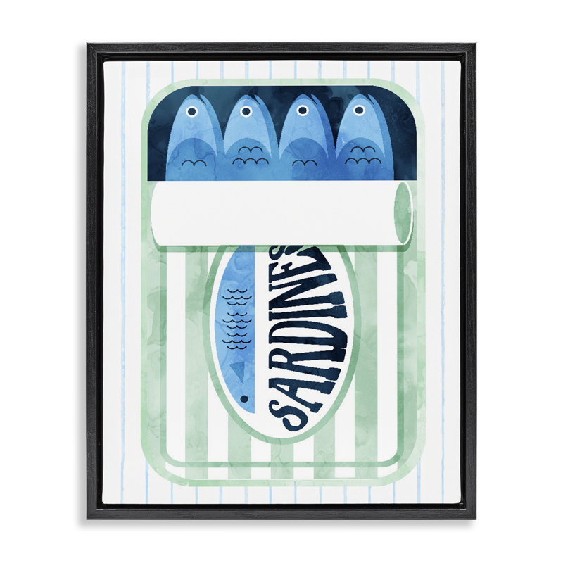 Cadre flottant en sardine et écume de mer sur fond rayé, design par Daphne Polselli, Cadre flottant noir de jais