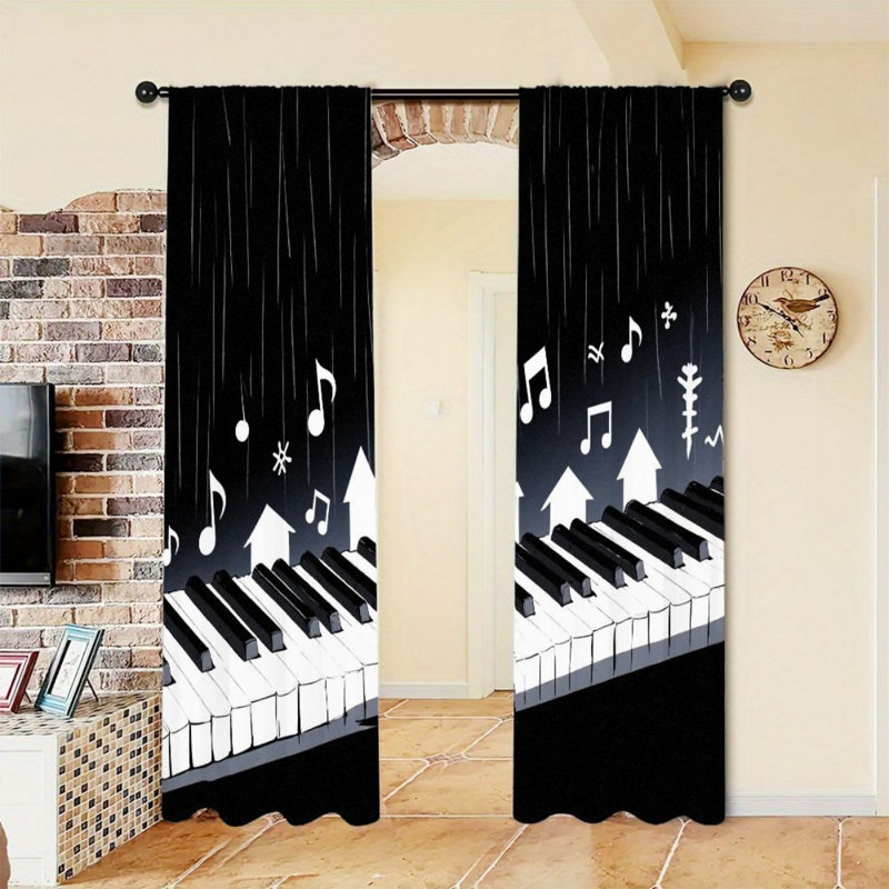 2 panneaux de clavier de piano moderne avec motif de notes de musique et rideau filtrant la lumière en noir et blanc